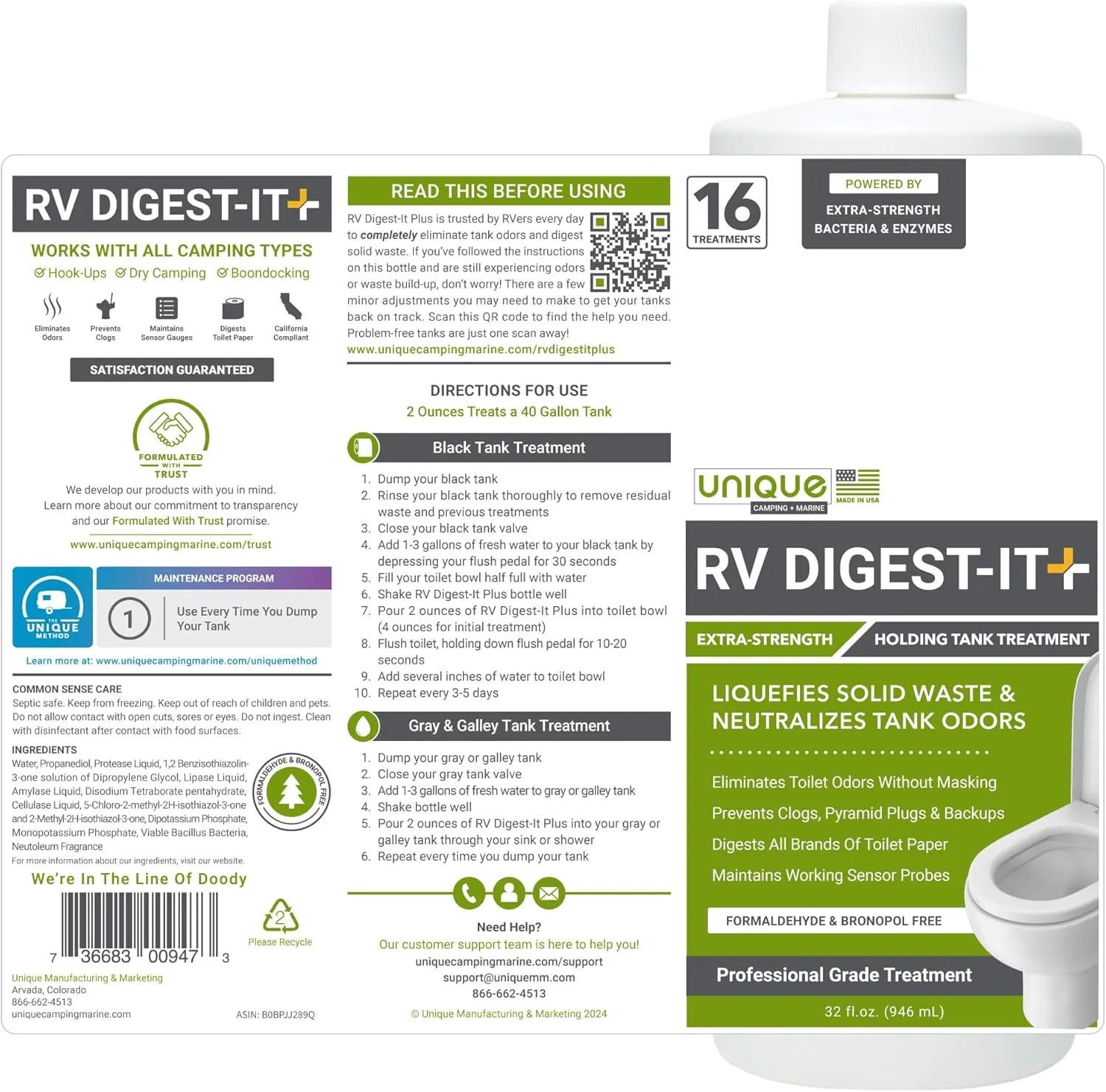 Unique RV Digest-It , Extra-Strength RV Toilet Treatment - Liquifies Waste and All Brands of Toilet Paper - Odor Eliminator (32 oz)