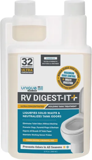 Unique RV Digest-It  Extra-Strength Ultra-Concentrate - 32 RV Toilet Treatments - Eliminates Smells and Liquifies Waste (32 oz)