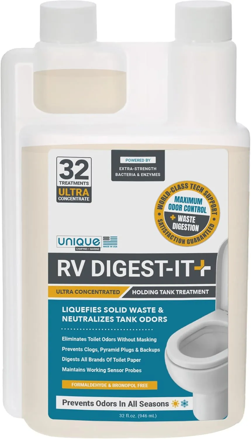 Unique RV Digest-It  Extra-Strength Ultra-Concentrate - 32 RV Toilet Treatments - Eliminates Smells and Liquifies Waste (32 oz)