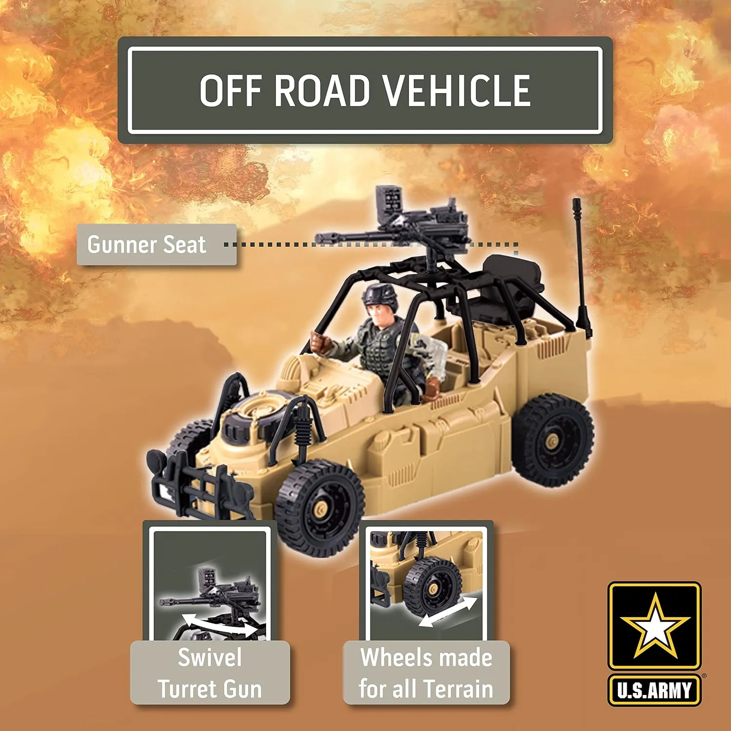 United States Army Rescue Force Soldier Toys & Military Vehicles - Helicopter & Desert Car, Artillery, Gear & Action Figure Playset, 3 