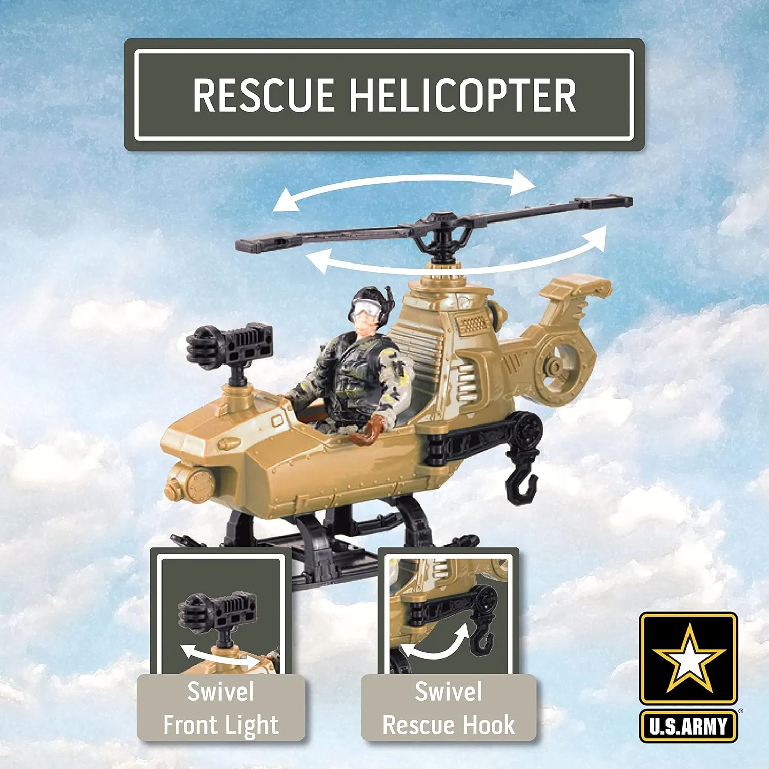 United States Army Rescue Force Soldier Toys & Military Vehicles - Helicopter & Desert Car, Artillery, Gear & Action Figure Playset, 3 