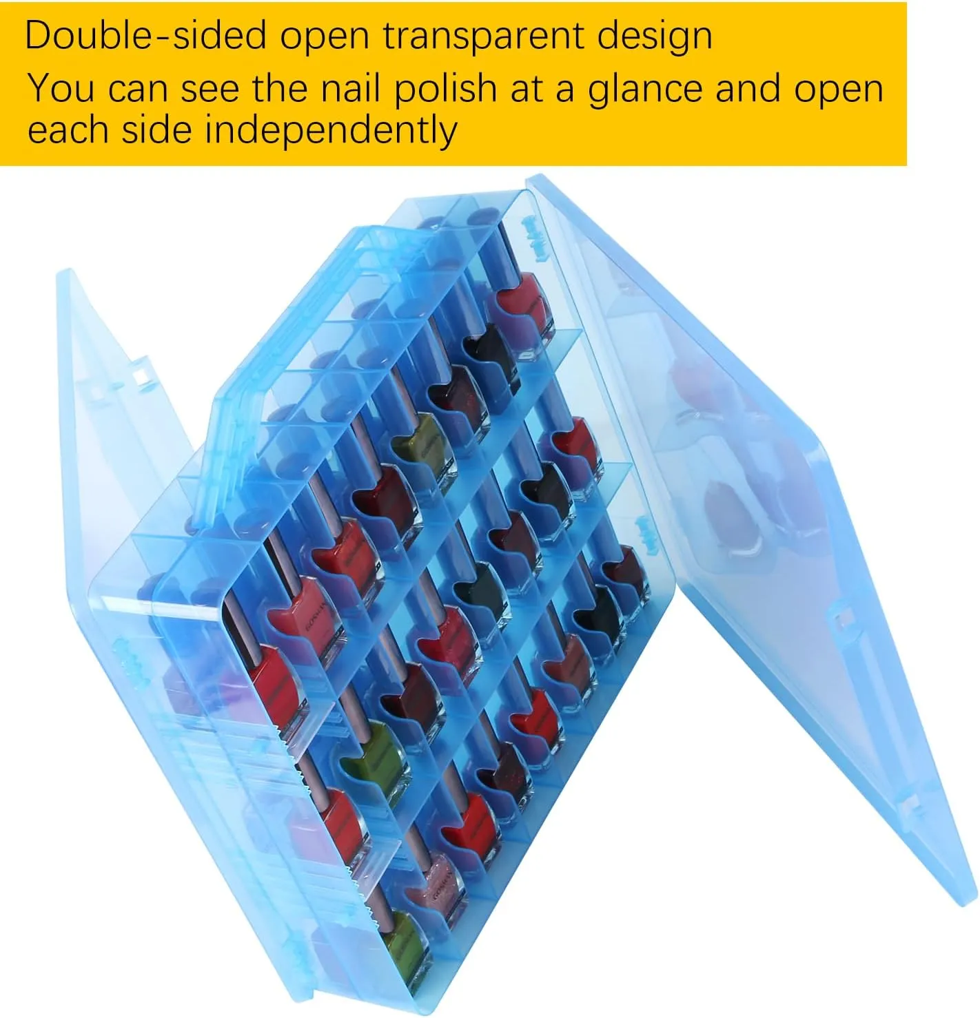 Universal Nail Polish Holder Gel Nail Polish Organizer Case for 48 Bottles Adjustable Dividers Space Saver,Double Sided Storage for Nail Bottles Mini Cars Threads Essential Oils (Blue)