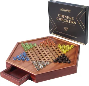 VAMSLOVE Chinese Checkers 15" Large Upgraded Version Wooden Game Board, 16mm 60 12 Colorful Glass Marbles, Easy Grasping for Adults and Kids, w/Storage Drawer, Fun for Family Gathering