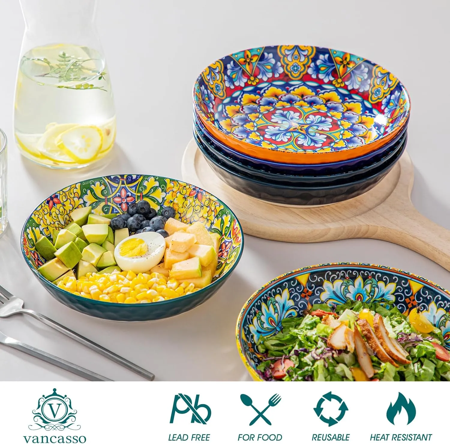 vancasso Pasta Bowls, Ceramic Salad Bowls Set of 6, 32 oz Large Corlorful Serving Bowls for Kitchen, Dishwasher & Microwave Safe Soup Bowls Set, Pasta Plates