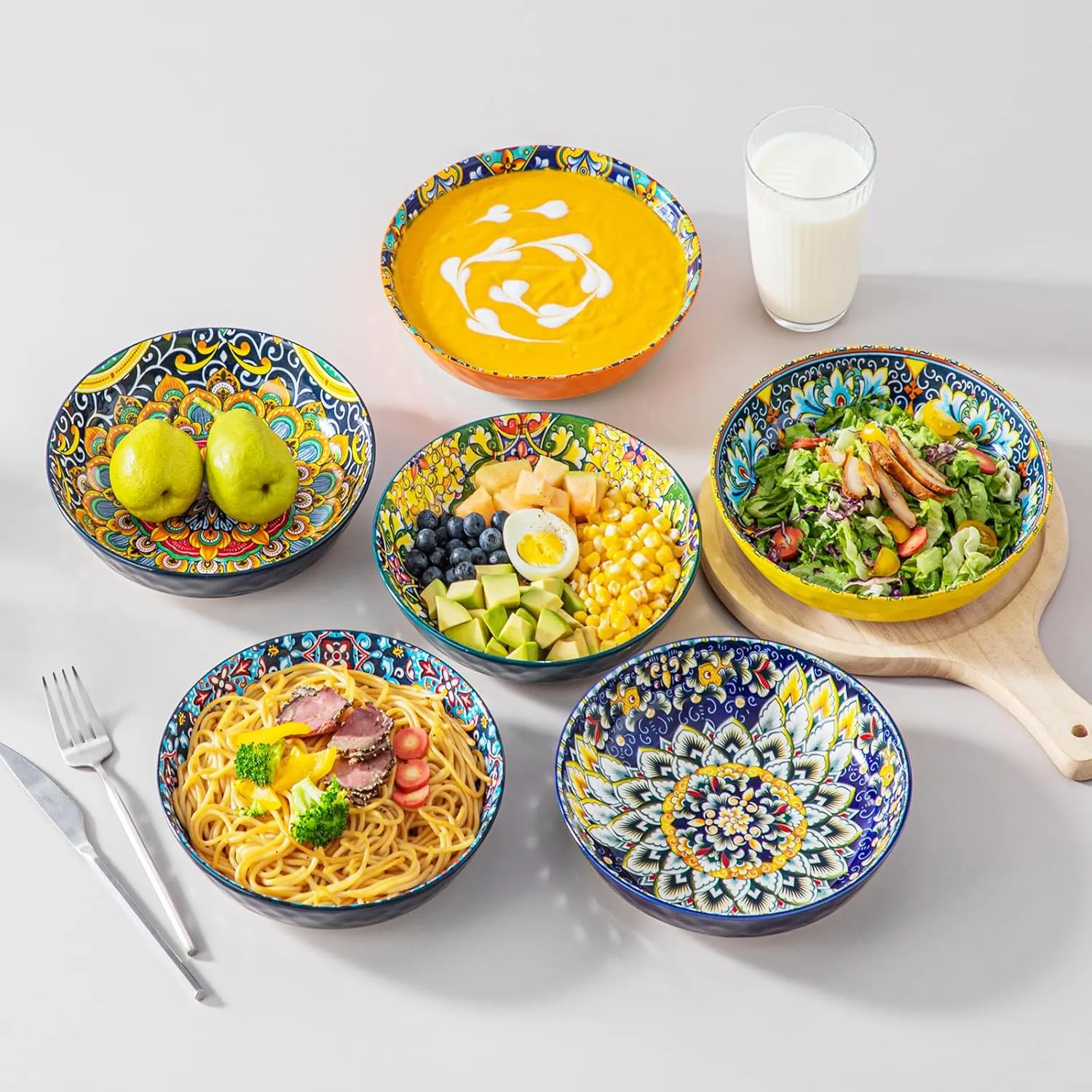 vancasso Pasta Bowls, Ceramic Salad Bowls Set of 6, 32 oz Large Corlorful Serving Bowls for Kitchen, Dishwasher & Microwave Safe Soup Bowls Set, Pasta Plates