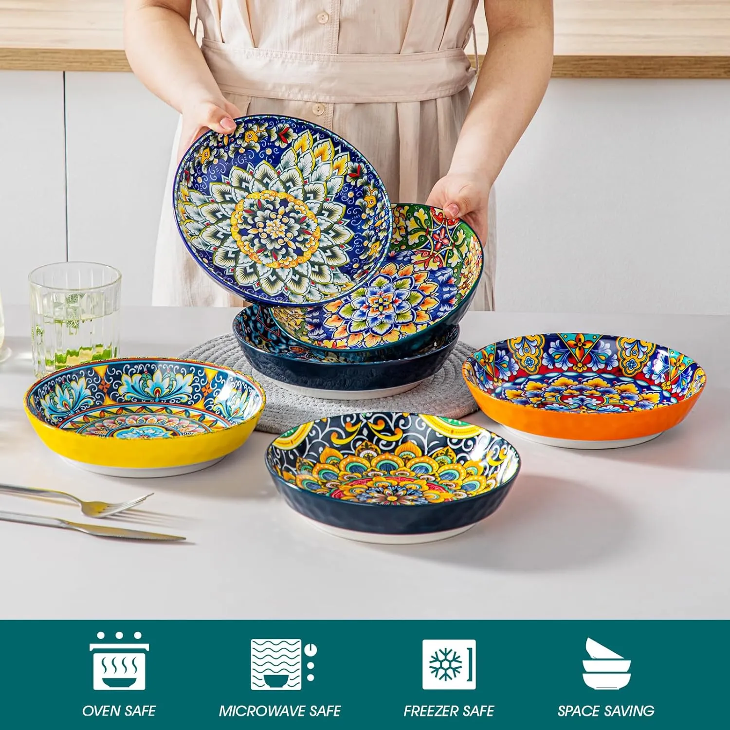vancasso Pasta Bowls, Ceramic Salad Bowls Set of 6, 32 oz Large Corlorful Serving Bowls for Kitchen, Dishwasher & Microwave Safe Soup Bowls Set, Pasta Plates