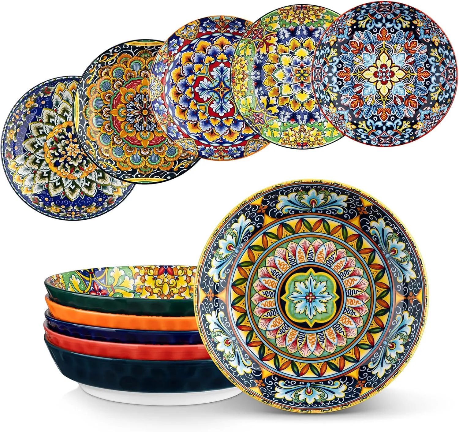 vancasso Pasta Bowls, Ceramic Salad Bowls Set of 6, 32 oz Large Corlorful Serving Bowls for Kitchen, Dishwasher & Microwave Safe Soup Bowls Set, Pasta Plates