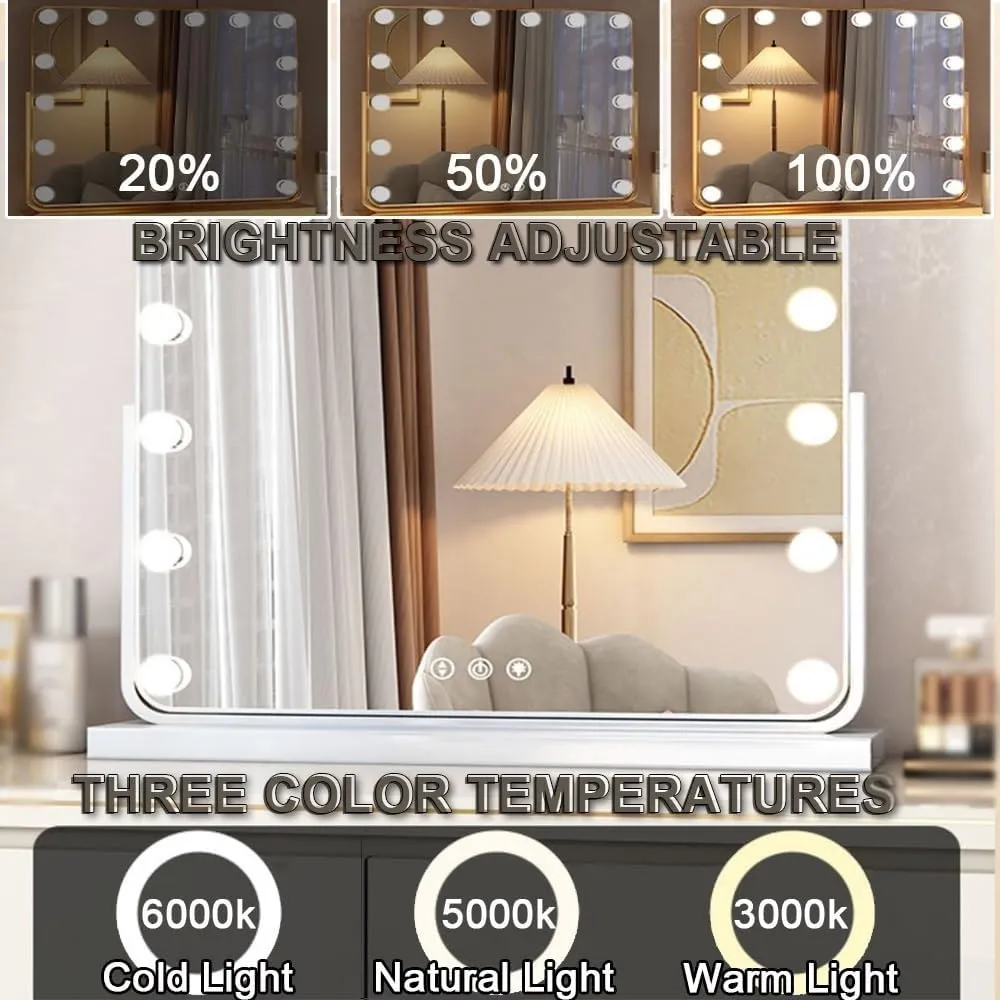 Vanity Mirror with Lights LED Makeup Mirror, Touch Screen Illuminated Smart Shaving Mirror, 3 Colors Dimmable, 360° Rotation(White,42x50cm(16.5x19.7in))
