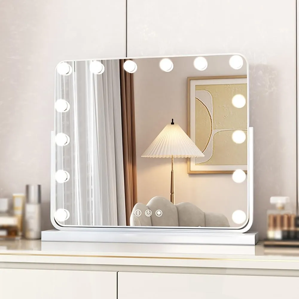 Vanity Mirror with Lights LED Makeup Mirror, Touch Screen Illuminated Smart Shaving Mirror, 3 Colors Dimmable, 360° Rotation(White,42x50cm(16.5x19.7in))