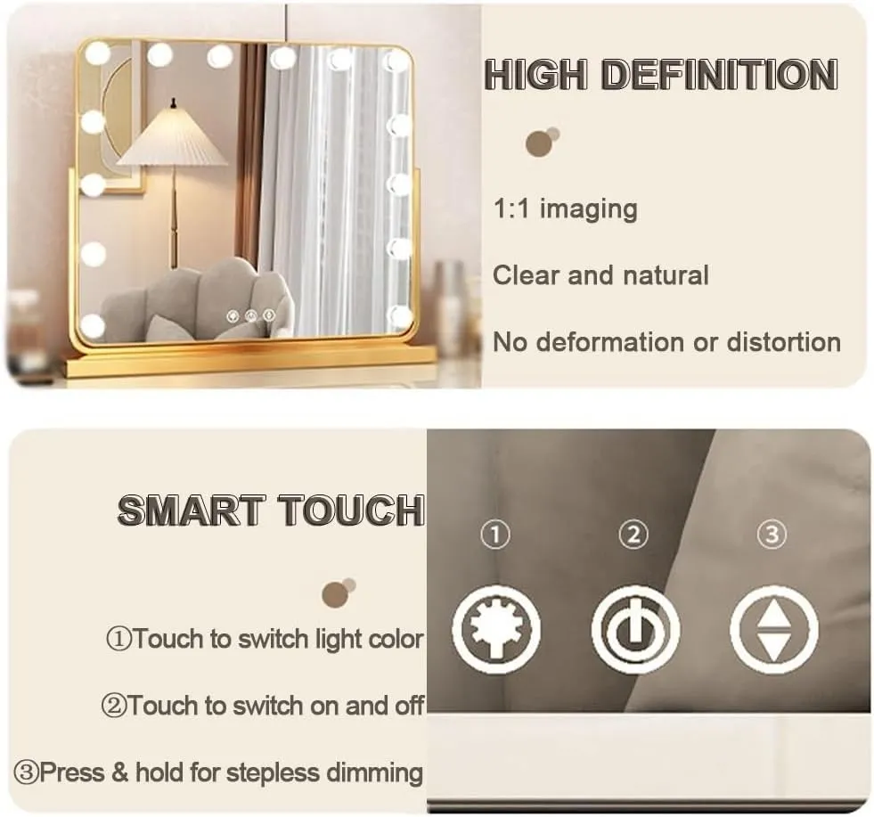Vanity Mirror with Lights LED Makeup Mirror, Touch Screen Illuminated Smart Shaving Mirror, 3 Colors Dimmable, 360° Rotation(White,42x50cm(16.5x19.7in))