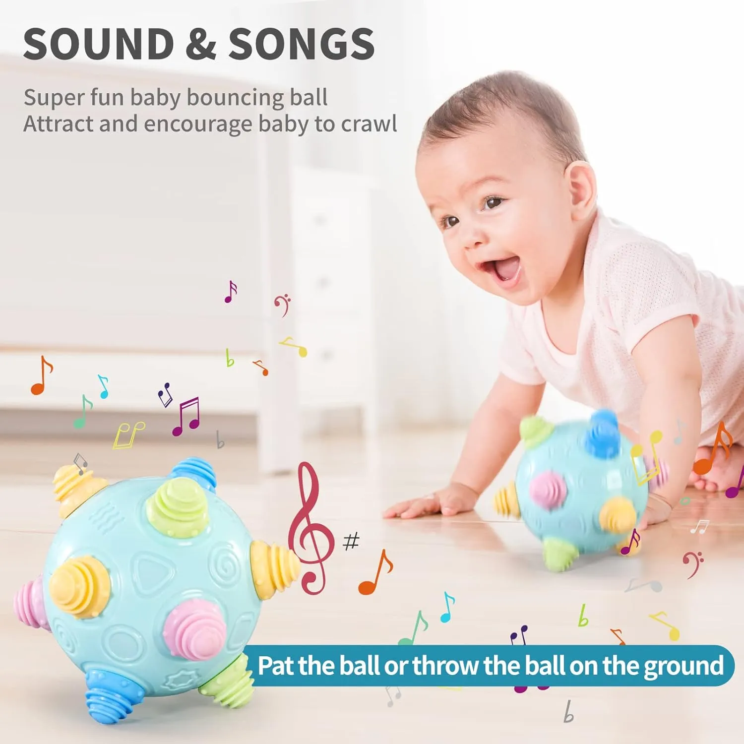 VANLINNY Toddlers Baby Music Shake Ball Toy Bumble Ball for Babies,Dancing Bumpy & Interactive Sounds Crawl Toy, Best Bouncing Sensory Learning Gift for 3  Year Old Boys&Girls.
