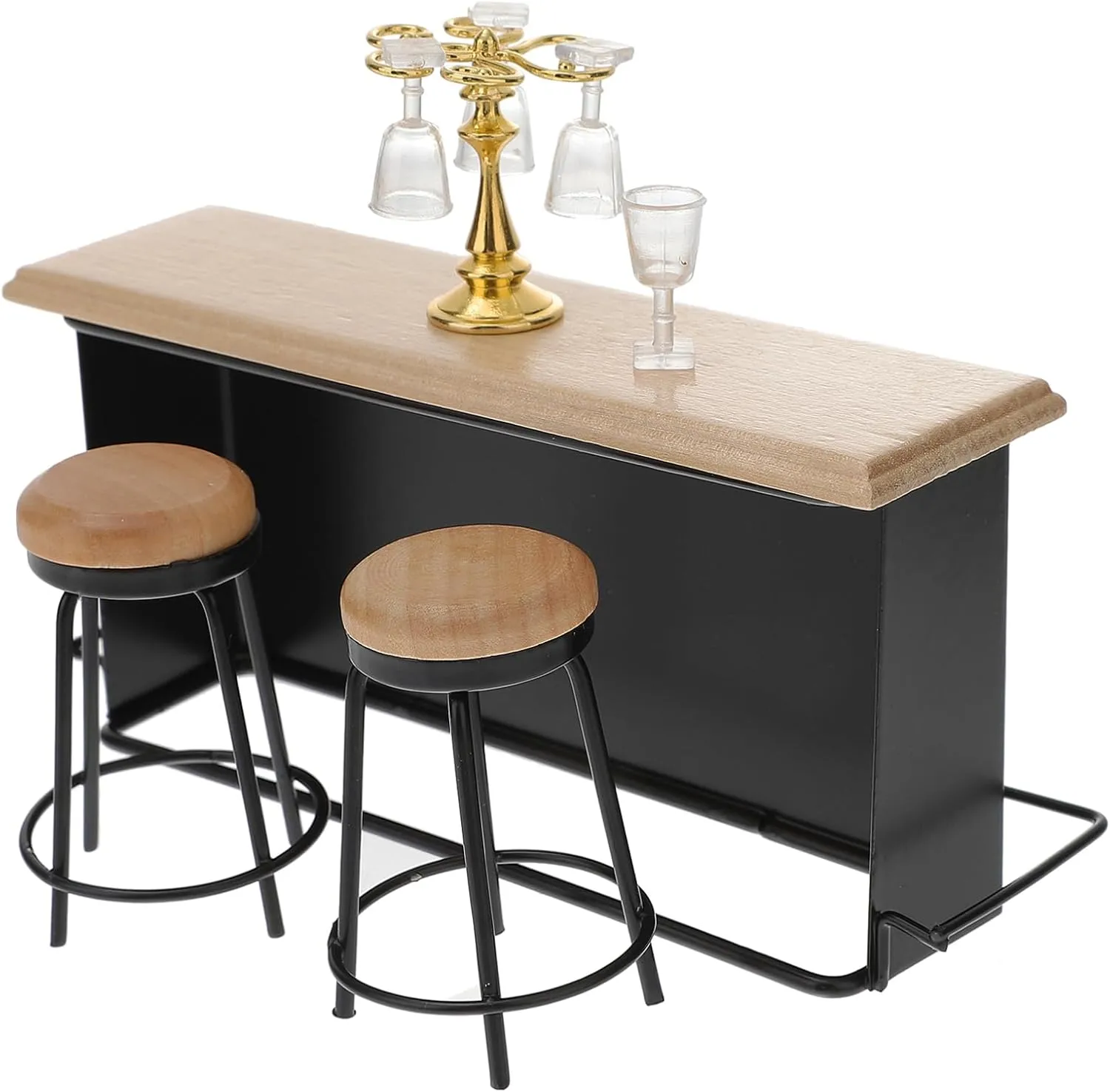 VANZACK 8pcs Set Miniature Dollhouse Bar Set with Wine Holder Cup Rack Stools Counter Realistic Furniture for Dollhouses for Home Decor