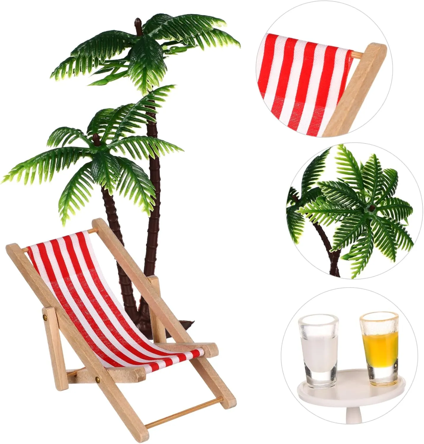 VANZACK Set Beach Micro Landscape Miniature Set Palm Trees Umbrellas Deckchairs Beverages Round Coffee Table Beach Decoration for Dollhouse and Home Office Ornaments