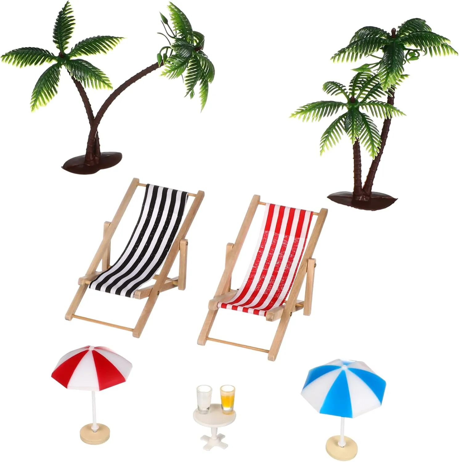 VANZACK Set Beach Micro Landscape Miniature Set Palm Trees Umbrellas Deckchairs Beverages Round Coffee Table Beach Decoration for Dollhouse and Home Office Ornaments