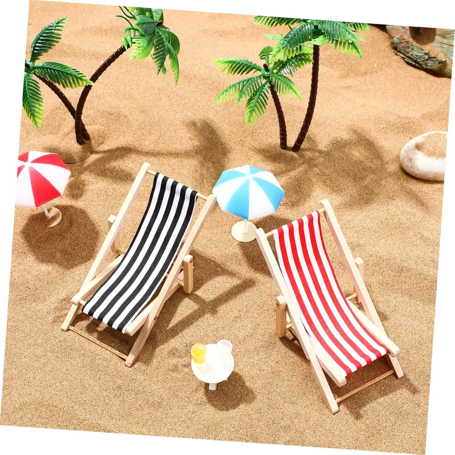 VANZACK Set Beach Micro Landscape Miniature Set Palm Trees Umbrellas Deckchairs Beverages Round Coffee Table Beach Decoration for Dollhouse and Home Office Ornaments