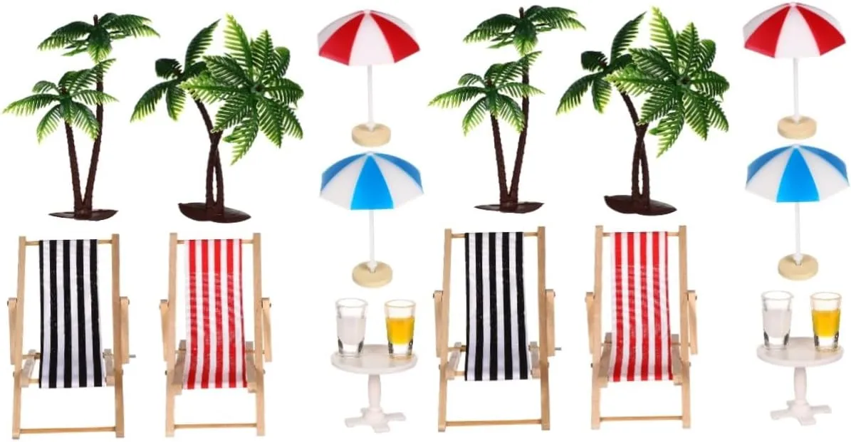 VANZACK Set Beach Micro Landscape Miniature Set Palm Trees Umbrellas Deckchairs Beverages Round Coffee Table Beach Decoration for Dollhouse and Home Office Ornaments