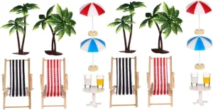 VANZACK Set Beach Micro Landscape Miniature Set Palm Trees Umbrellas Deckchairs Beverages Round Coffee Table Beach Decoration for Dollhouse and Home Office Ornaments