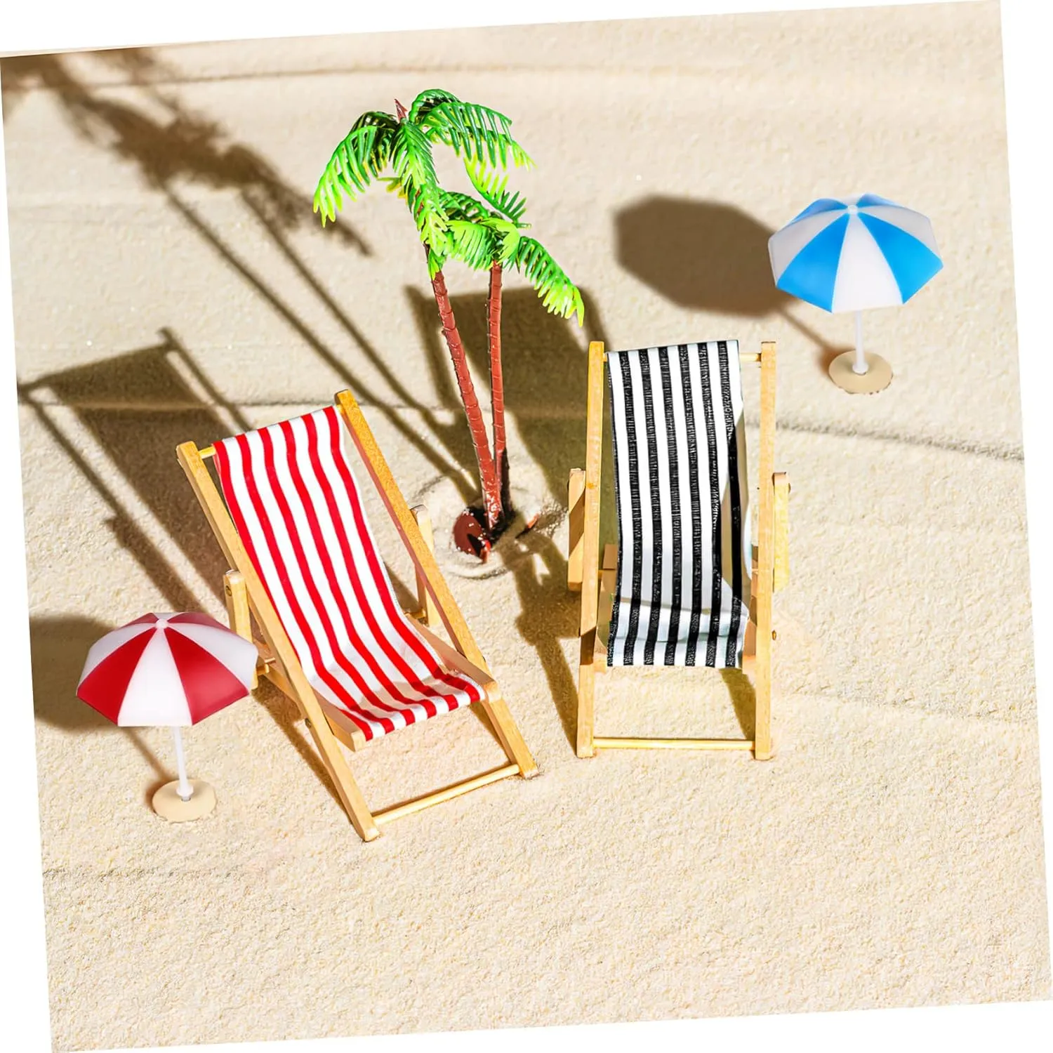 VANZACK Set Beach Micro Landscape Miniature Set Palm Trees Umbrellas Deckchairs Beverages Round Coffee Table Beach Decoration for Dollhouse and Home Office Ornaments