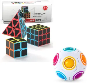 Vdealen Rainbow Puzzle Ball and 2x2x2 3x3x3 Pyramid Carbon Fiber Sticker Magic Cube Bundle