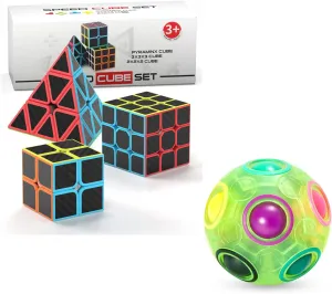 Vdealen Rainbow Puzzle Ball and 2x2x2 3x3x3 Pyramid Carbon Fiber Sticker Magic Cube Bundle