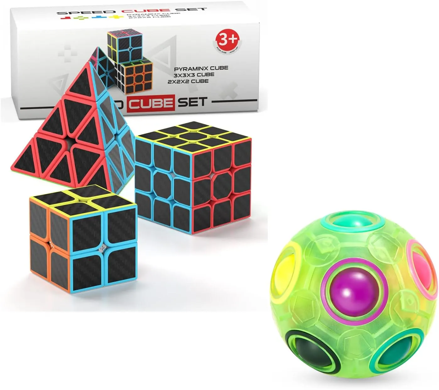 Vdealen Rainbow Puzzle Ball and 2x2x2 3x3x3 Pyramid Carbon Fiber Sticker Magic Cube Bundle