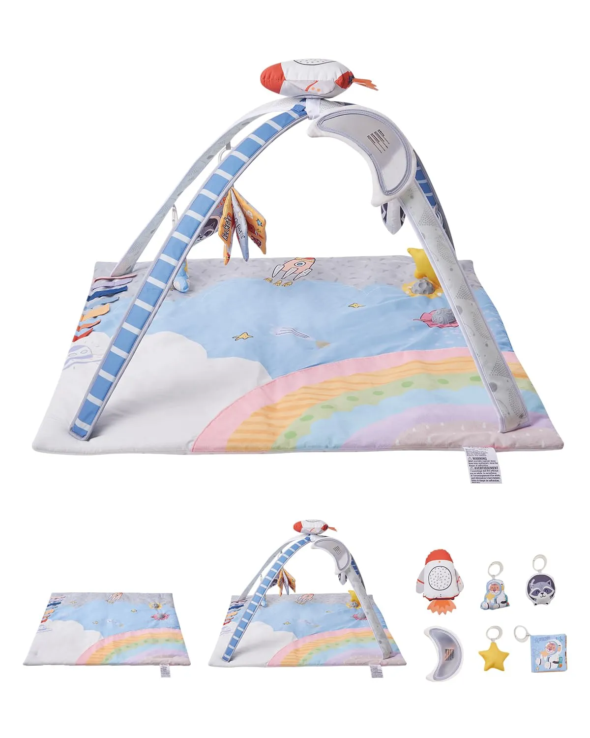 VEVOR Baby Play Gym Mat, Tummy Time Mat with 6 Sensory Toys, Baby Activity Mat with Light-up Musical Rocket Toy for 0-18 Month Newborn Infant, Baby Essential Gift for Sensory & Motor Skill Development