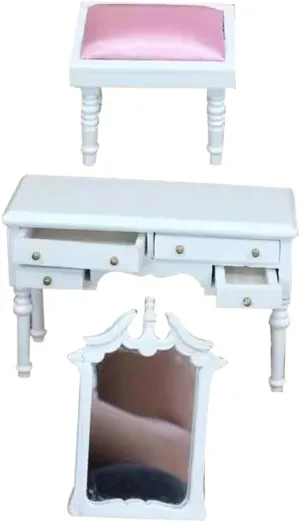 VICASKY 1set Makeup Dressing Table with Mirror and Stool Scale Furniture Dollhouse Bedroom and Living Room Decor Craftsmanship Realistic Design