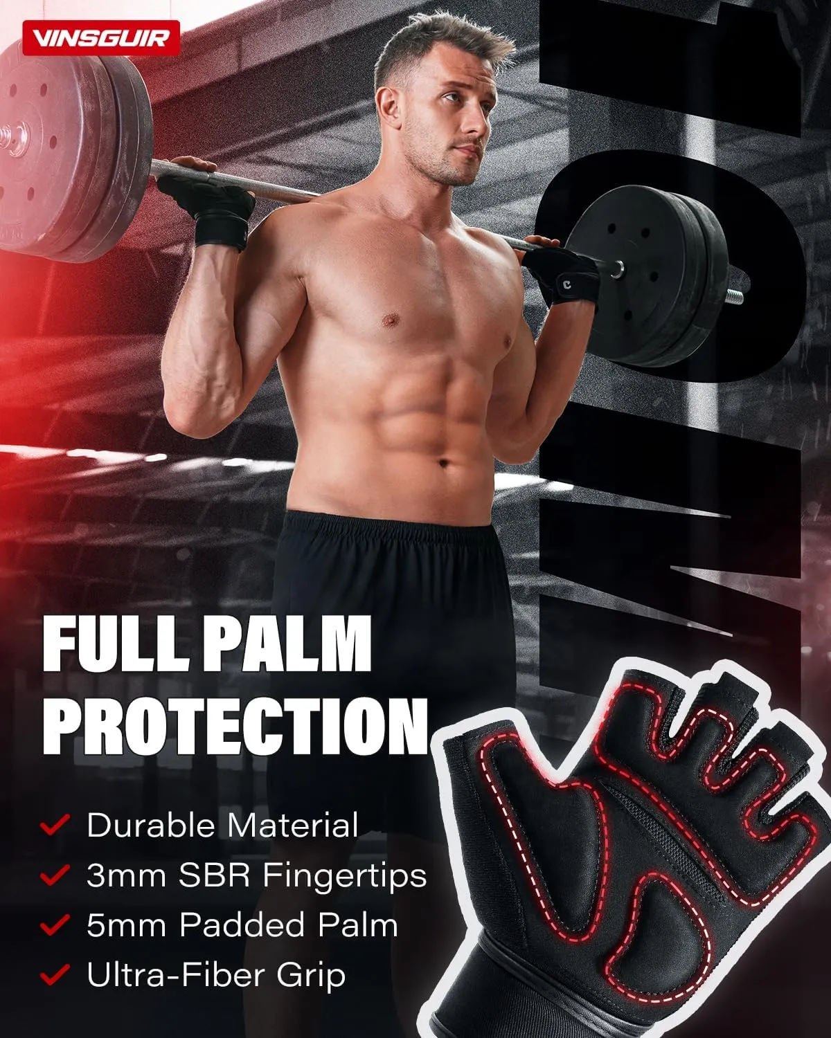 VINSGUIR Weight Lifting Gloves with Wrist Support for Men and Women - Gym, Training, Cycling, Pull-ups, Rowing, Climbing