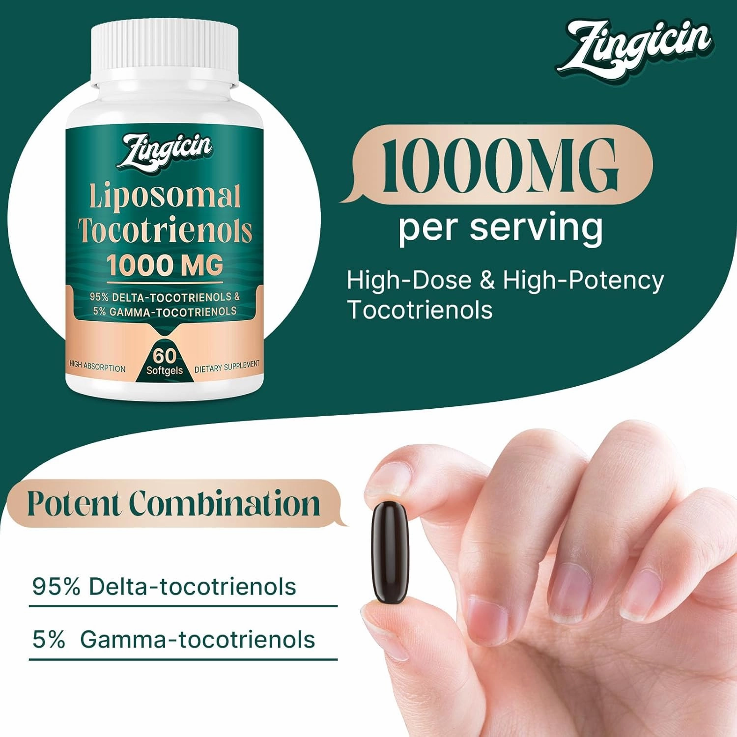 Vitamin E Tocotrienols - Liposomal Vitamin E Oil 1000mg, Highly Absorbable Delta Tocotrienol and Gamma Tocotrienol, 60 Softgels