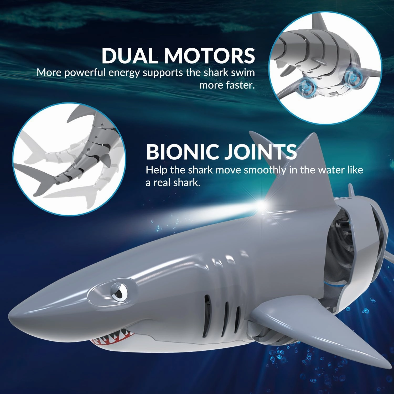 VOLANTEXRC Remote Control Shark Toys for Kids, 1:18 Scale High Simulation RC Shark for Pool, Electric Megalodon Toys with Light&2 Batteries for Boys and Girls Age 6  (with 2 Batteries)
