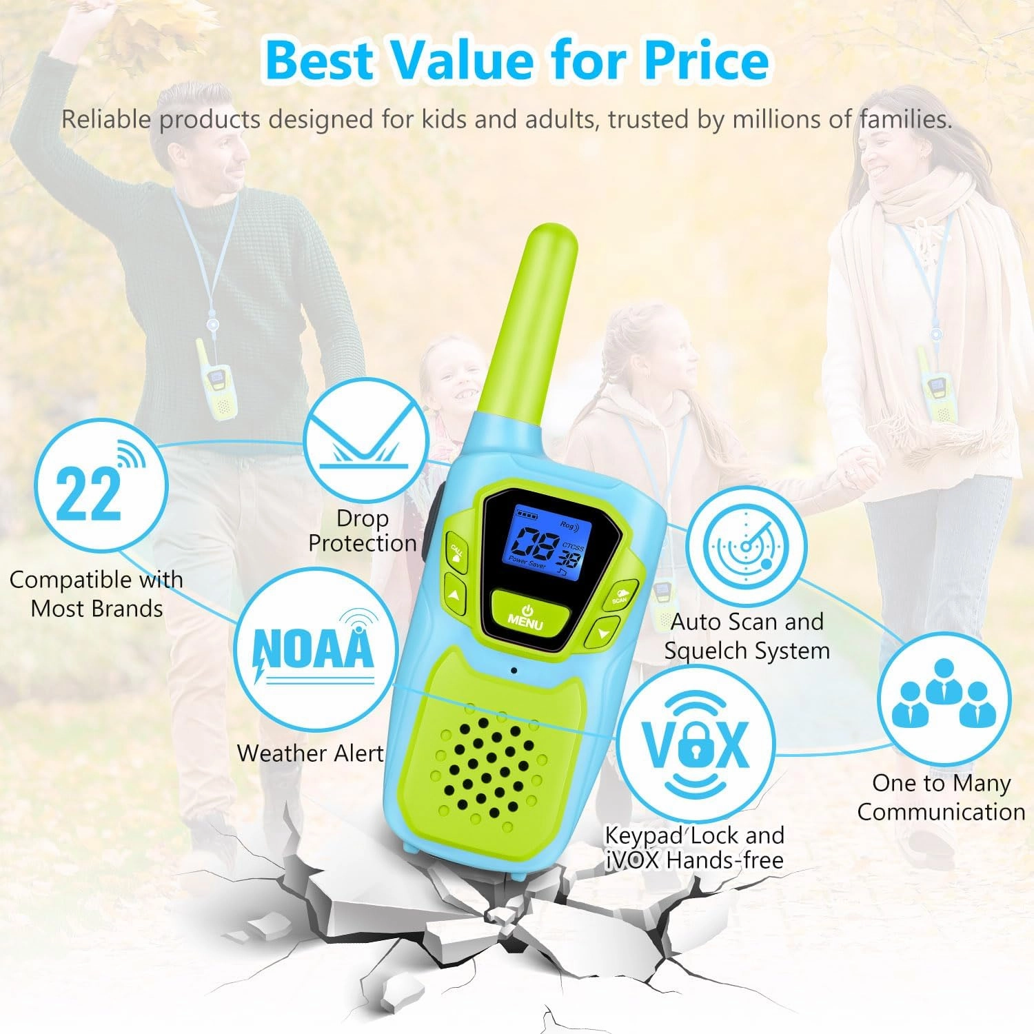 Walkie Talkies for Kids Adults Long Range Rechargeable 3 Pack, FRS 2 Way Radio Toy for 3-12 Year Old Boys Girls Toddlers, Shockproof NOAA Walkie-Talkie 4 Miles for Family Camping Skiing Cruise