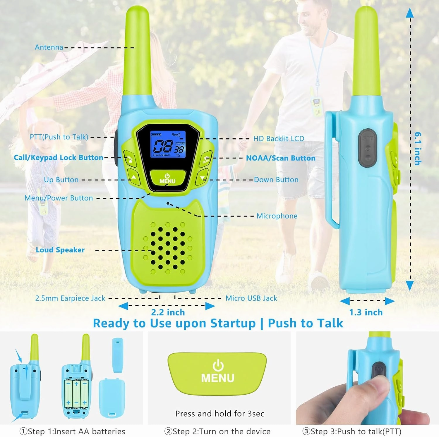 Walkie Talkies for Kids Adults Long Range Rechargeable 3 Pack, FRS 2 Way Radio Toy for 3-12 Year Old Boys Girls Toddlers, Shockproof NOAA Walkie-Talkie 4 Miles for Family Camping Skiing Cruise