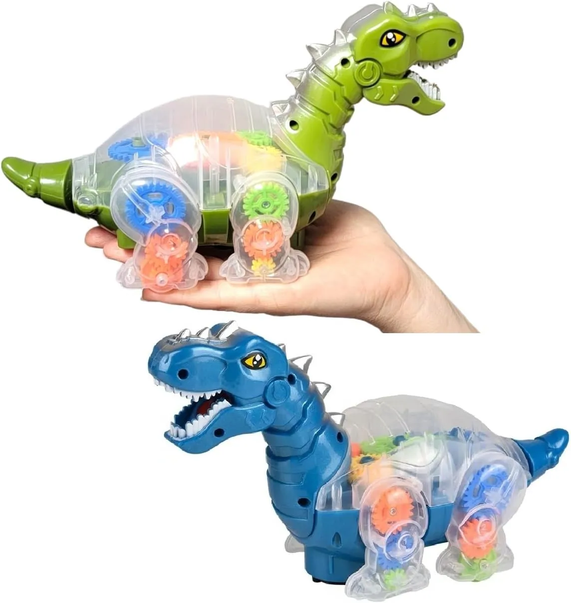 Walking Light-Up Gear T-Rex with Light & Music and Roaring Sound (Blue or Green) (9.5") Plastic. Transparent Gear Dino Dinosaur Toys for Kids 3 to 5. (Blue)