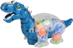Walking Light-Up Gear T-Rex with Light & Music and Roaring Sound (Blue or Green) (9.5") Plastic. Transparent Gear Dino Dinosaur Toys for Kids 3 to 5. (Blue)