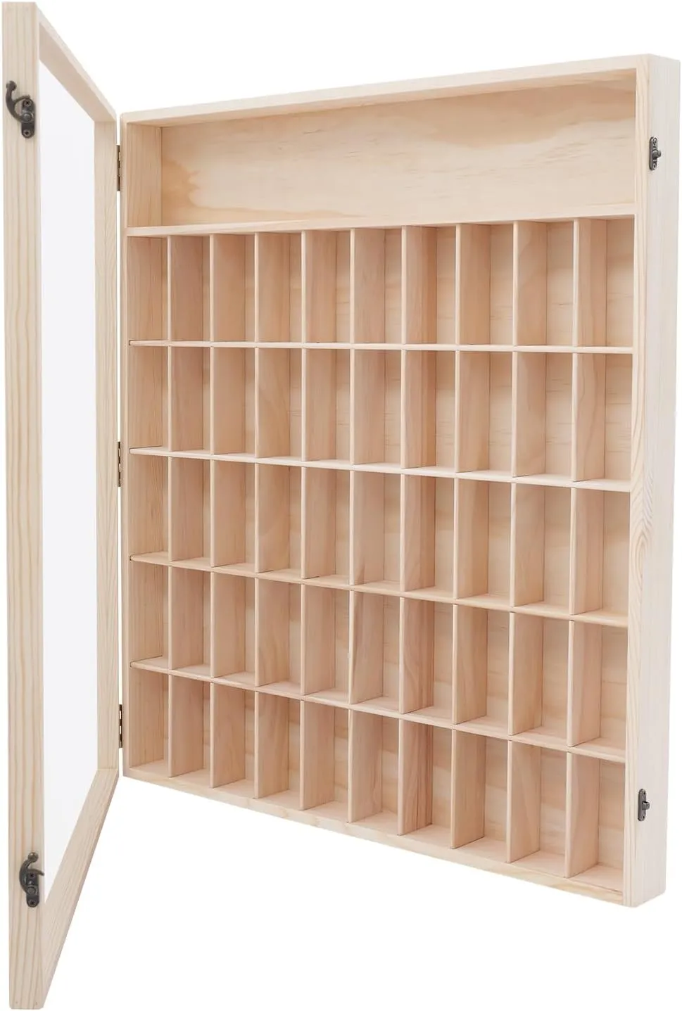 Wall-Mount Wooden Minifigure Display Cabinet with Door - 6-Tier 50 Compartments Modern Pine Wood Case for Collectibles, Action Figures, Toys, Lockable Door