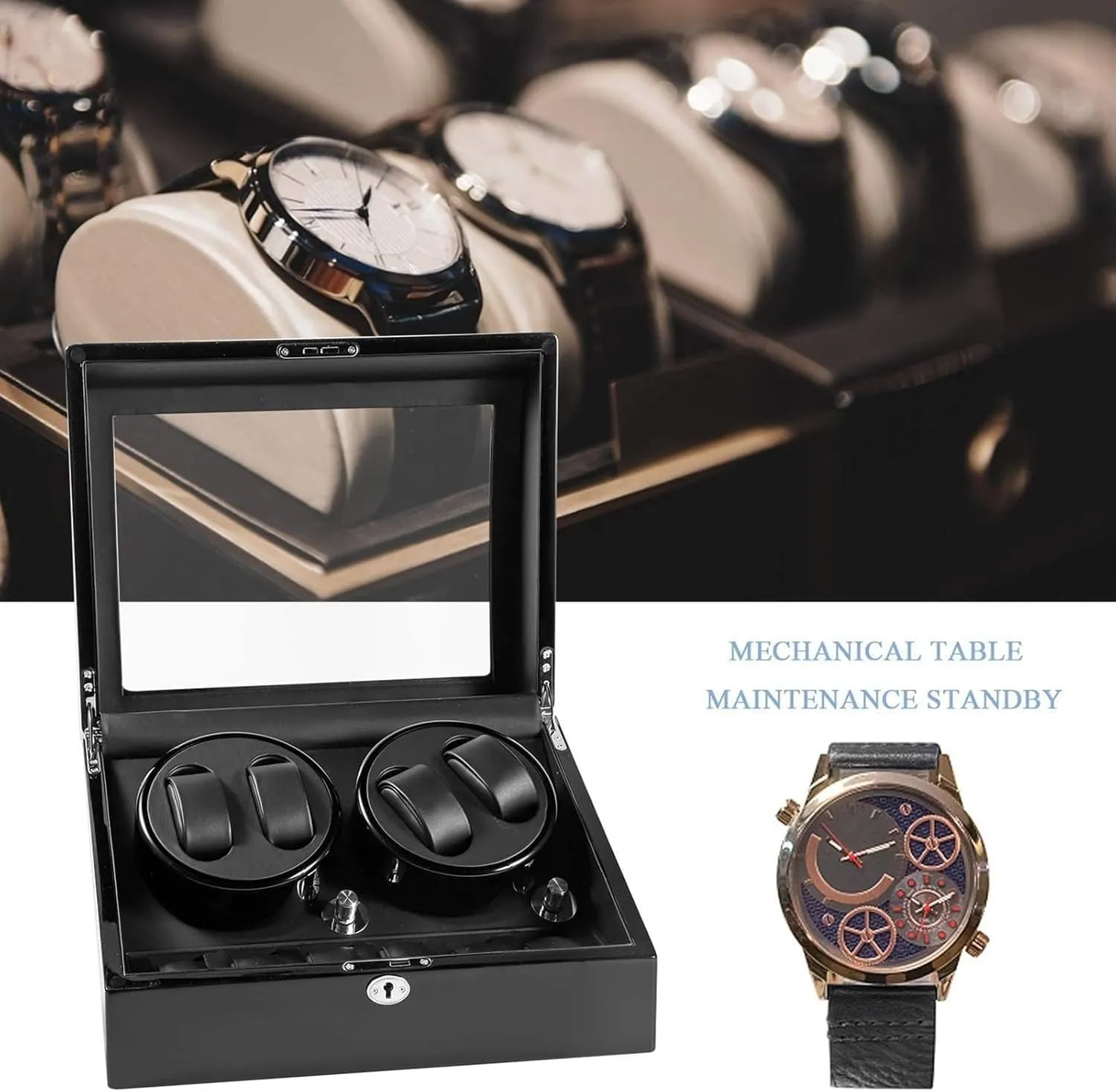 Watch Winder Automatic Watch Winder Box Self-Winding Mechanical Watch Rocker Storage Display Case with 4 Watch Winder Positions and 6 Display Storage Spaces wit