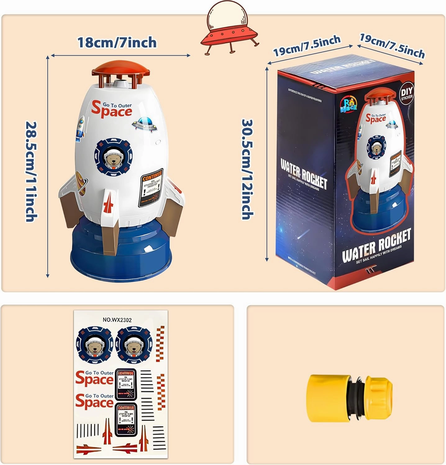 Water Rocket Sprinkler for Kids | Outdoor Sprinkler Toy, Summer Yard Outside Water Toys | Spaceship Rocket Ship Sprinkler Toys for 3 Years and Up | Fun Sprinkler Kids' Birthday Gift Ideas