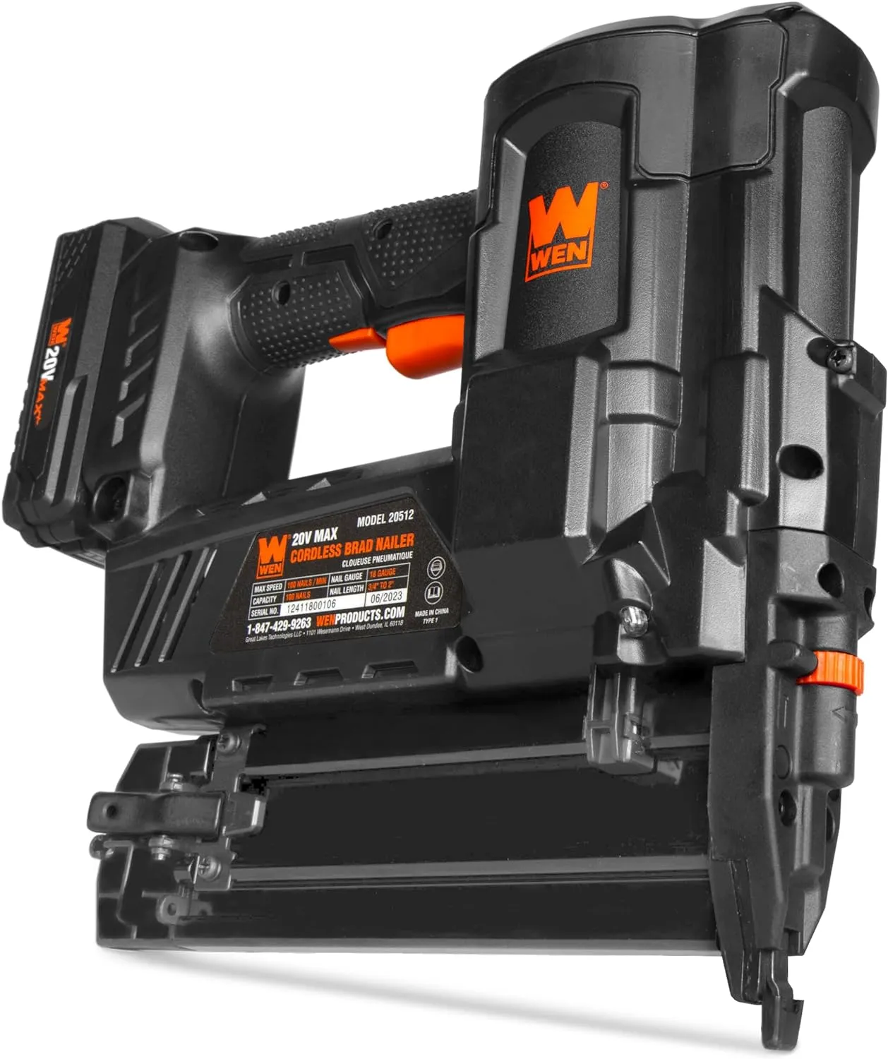 WEN 20V Max Cordless 18-Gauge Brad Nailer with 2.0Ah Battery and Charger (20512)