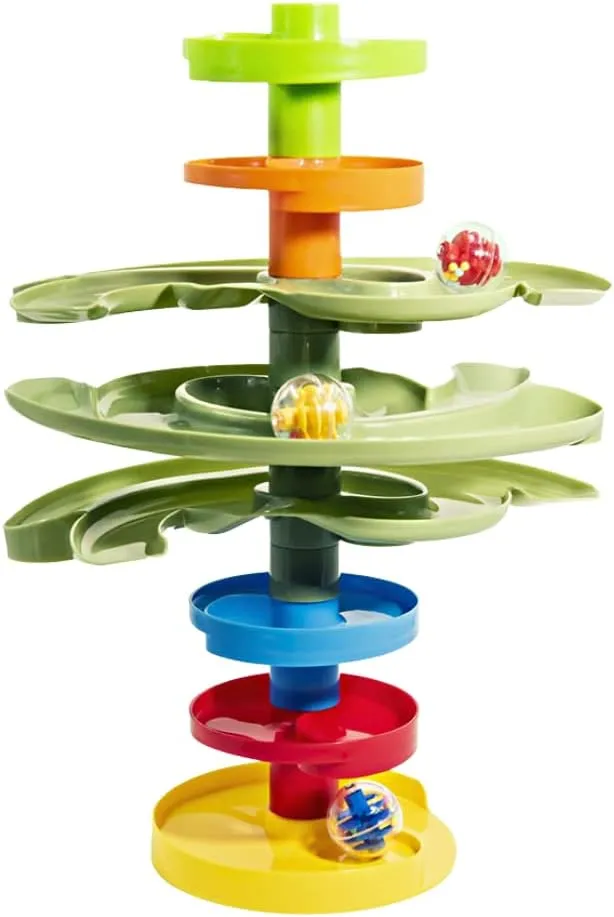 WEofferwhatYOUwant Two-Way Ball Drop Tower – Dual Ramps with Green Bridges – Creative STEM Play for Toddlers – Helps Kids Plan Ahead – Safe and Fun for 9 Months 