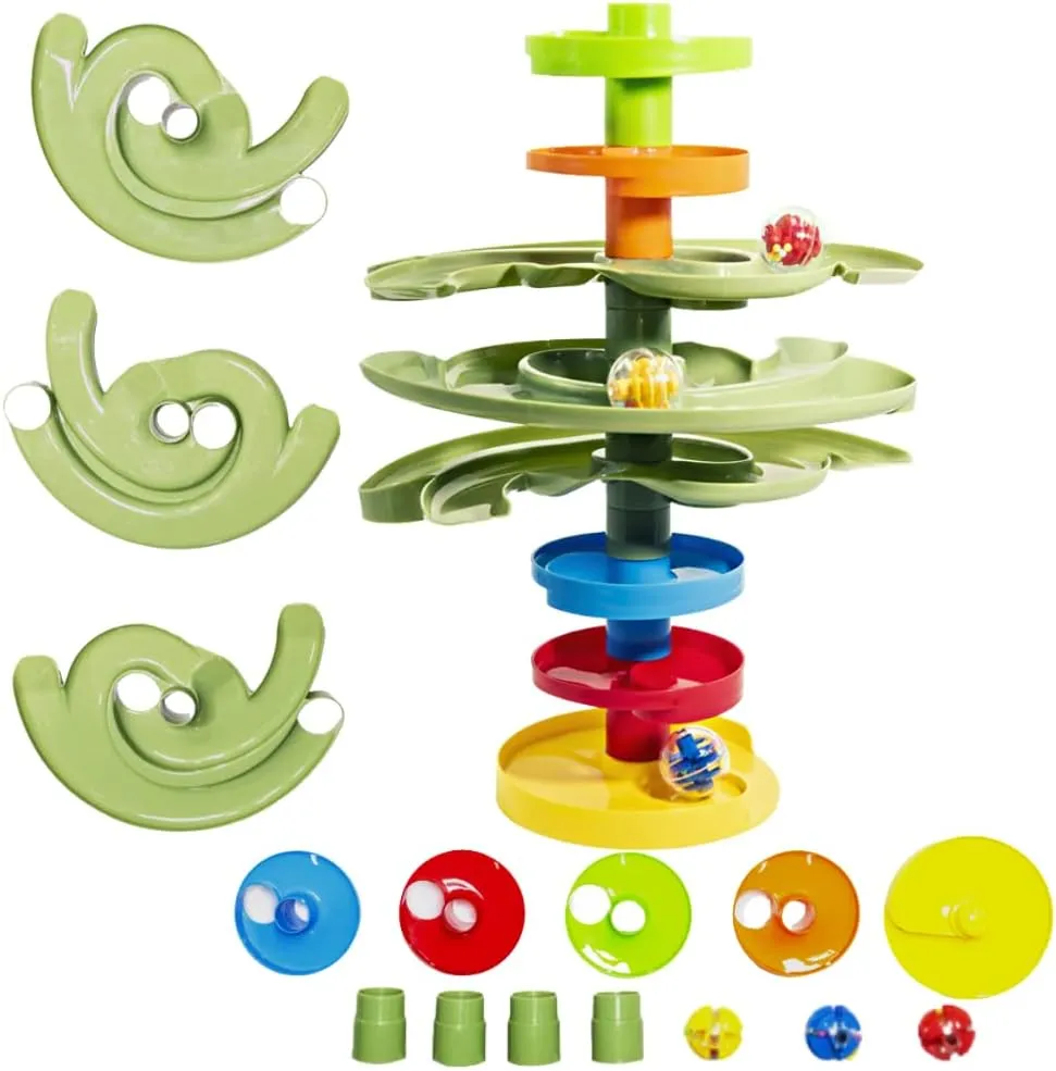 WEofferwhatYOUwant Two-Way Ball Drop Tower – Dual Ramps with Green Bridges – Creative STEM Play for Toddlers – Helps Kids Plan Ahead – Safe and Fun for 9 Months 