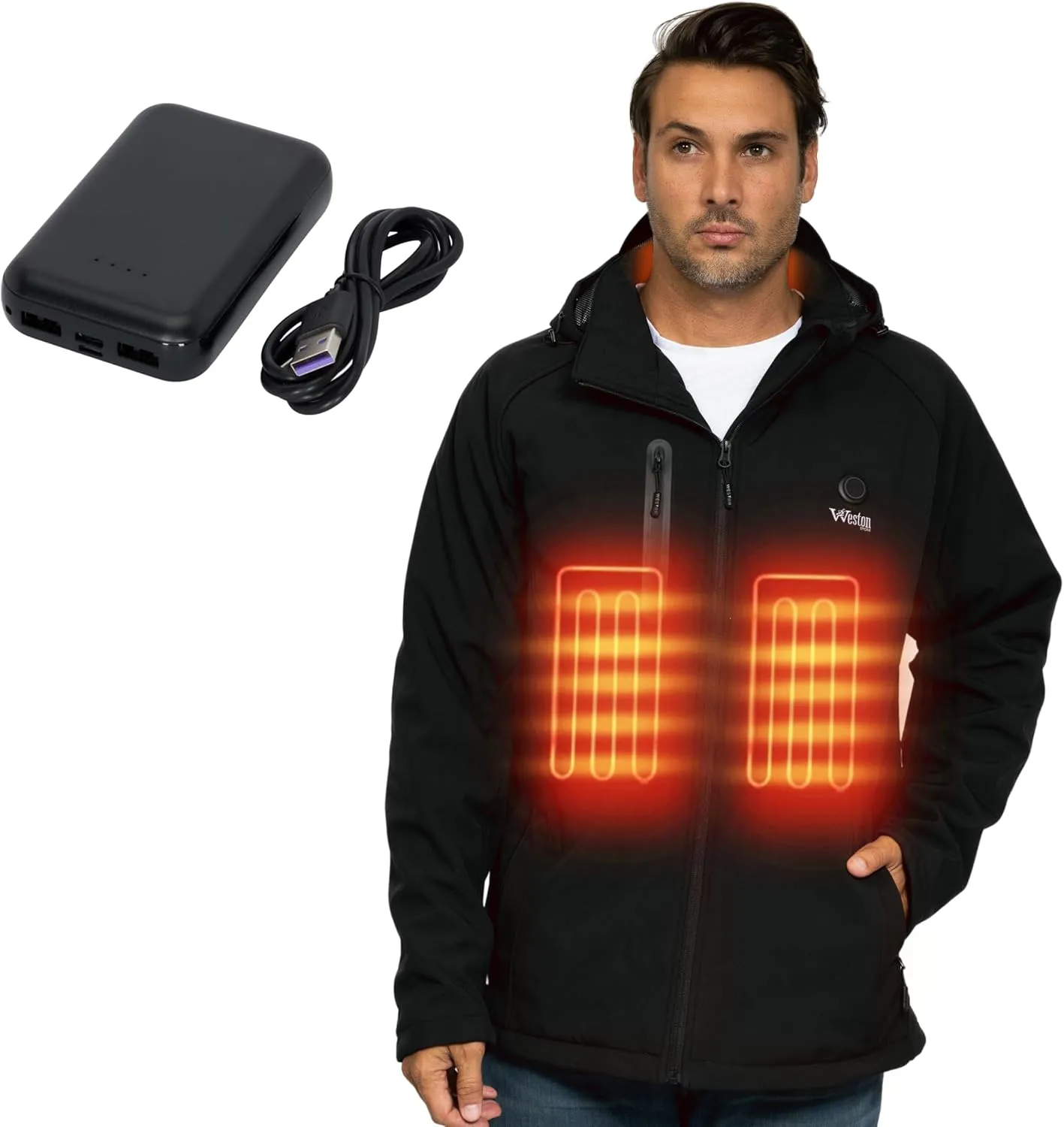 WESTON Men’s Heated Coat, 4 Heating Zones, 7.4V, 4800 mAH Rechargeable Battery, 3 Adjustable Heat Levels