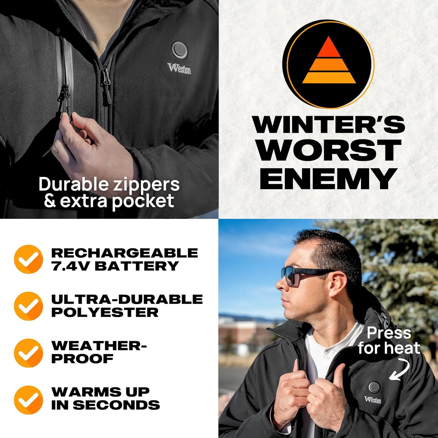 WESTON Men’s Heated Coat, 4 Heating Zones, 7.4V, 4800 mAH Rechargeable Battery, 3 Adjustable Heat Levels