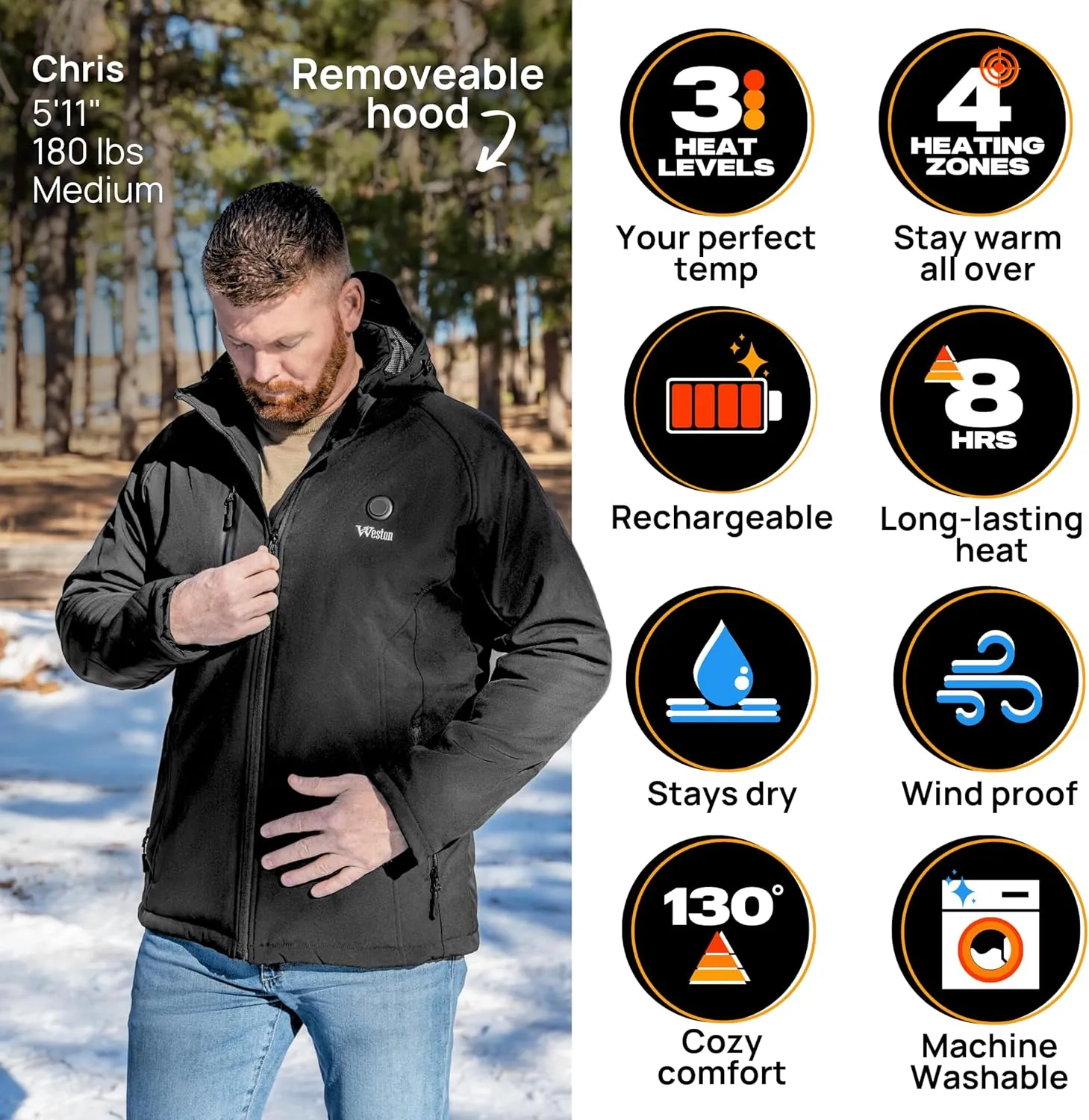 WESTON Men’s Heated Coat, 4 Heating Zones, 7.4V, 4800 mAH Rechargeable Battery, 3 Adjustable Heat Levels