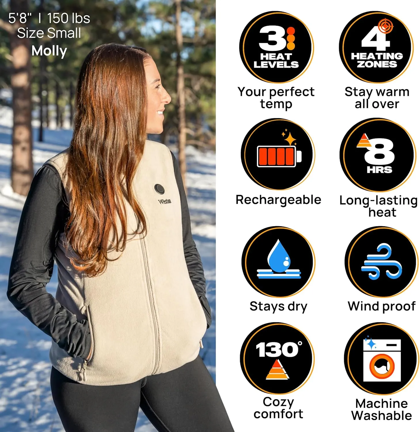 WESTON Women’s Heated Fleece Vest, 4 Heating Zones, 7.4V, 4800 mAH Rechargeable Battery, Machine-Washable Women’s Fleece Vest
