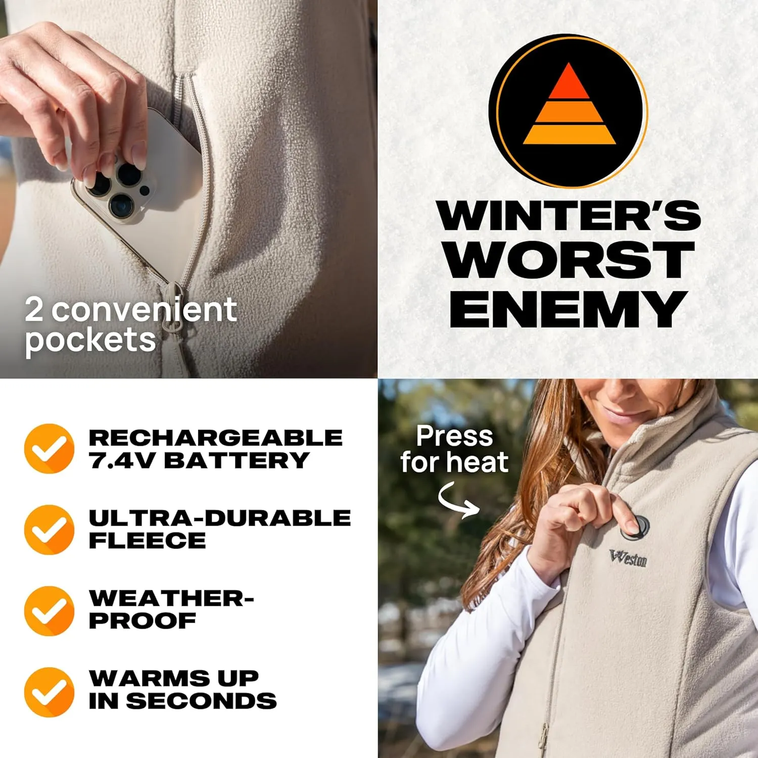 WESTON Women’s Heated Fleece Vest, 4 Heating Zones, 7.4V, 4800 mAH Rechargeable Battery, Machine-Washable Women’s Fleece Vest