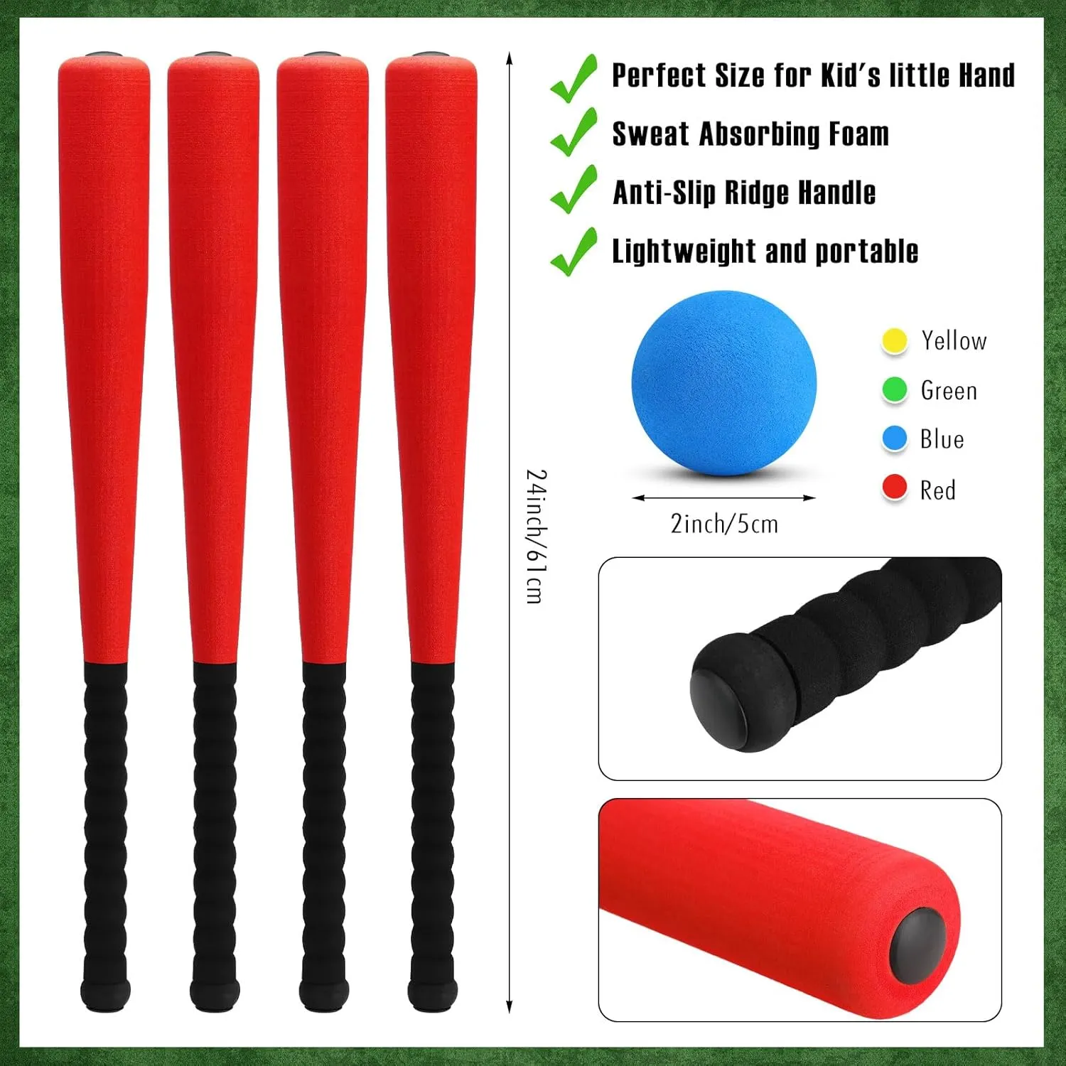 Wettarn 4 Pcs Foam Baseball Bat 24 Inches Foam Bat with Safe Soft Baseballs T Ball Set for Outdoor Indoor Sport Game Beginners Practice Playing Training