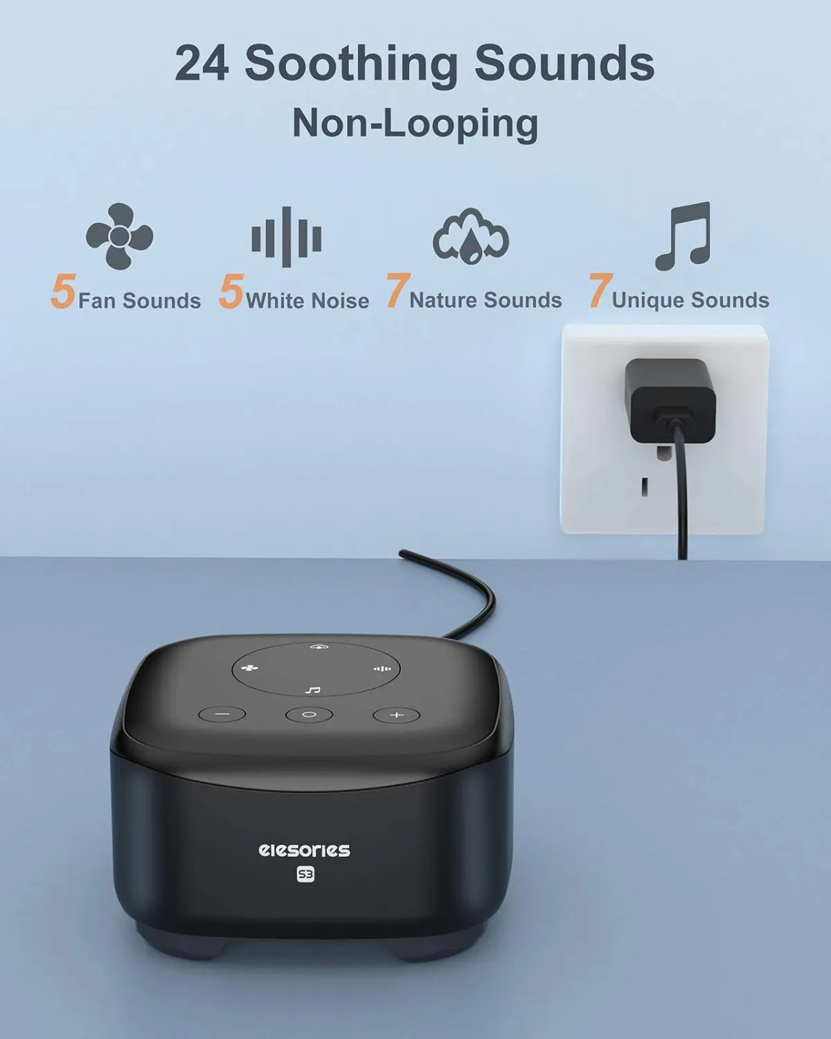 White Noise Machine, elesories Sound Machine Sleep Therapy Soother for Adults Baby Kids Sleeping, 24 Soothing Sounds Including White Noise/Fan Sounds/Nature Sounds/Lullaby for Nursery Office