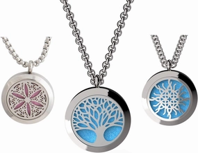 Wild Essentials 3 Pack Necklace Set, Tree of Life, Flower of Life, Love Knot Essential Oil Diffuser Necklace Stainless Steel Locket Pendants with 24" Chains, 36 Refill Pads, Color Changing Jewelry