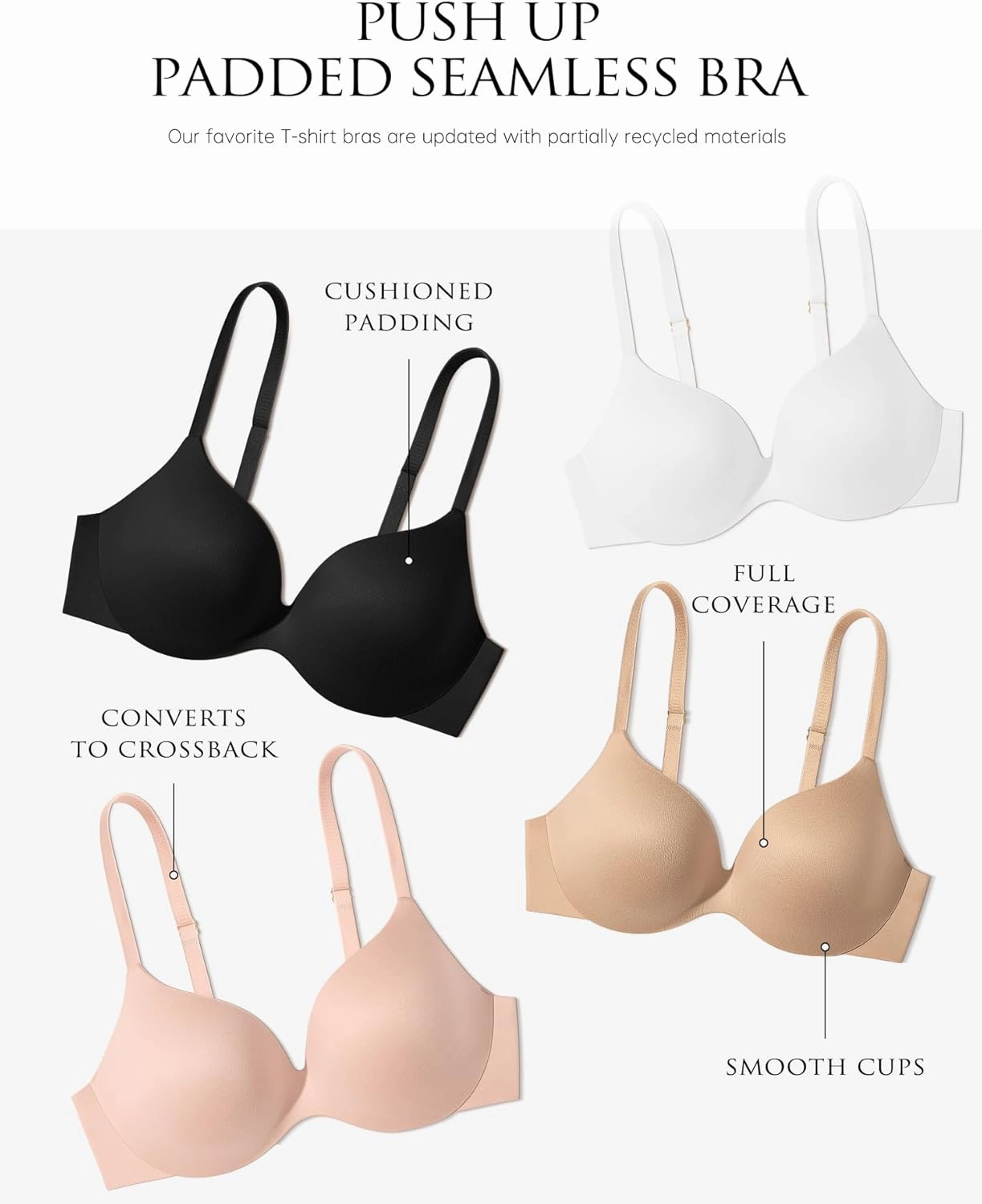 Wingslove Women's Push Up Bra Seamless Deep Plunge T-Shirt Bras Full Figure Padded Comfortable Invisible Underwired Bralettes