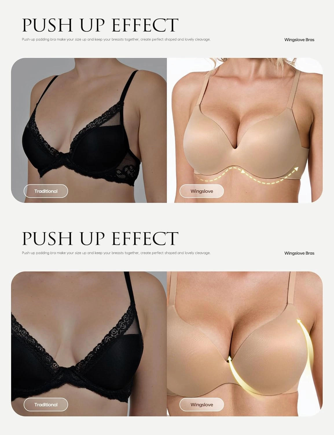 Wingslove Women's Push Up Bra Seamless Deep Plunge T-Shirt Bras Full Figure Padded Comfortable Invisible Underwired Bralettes